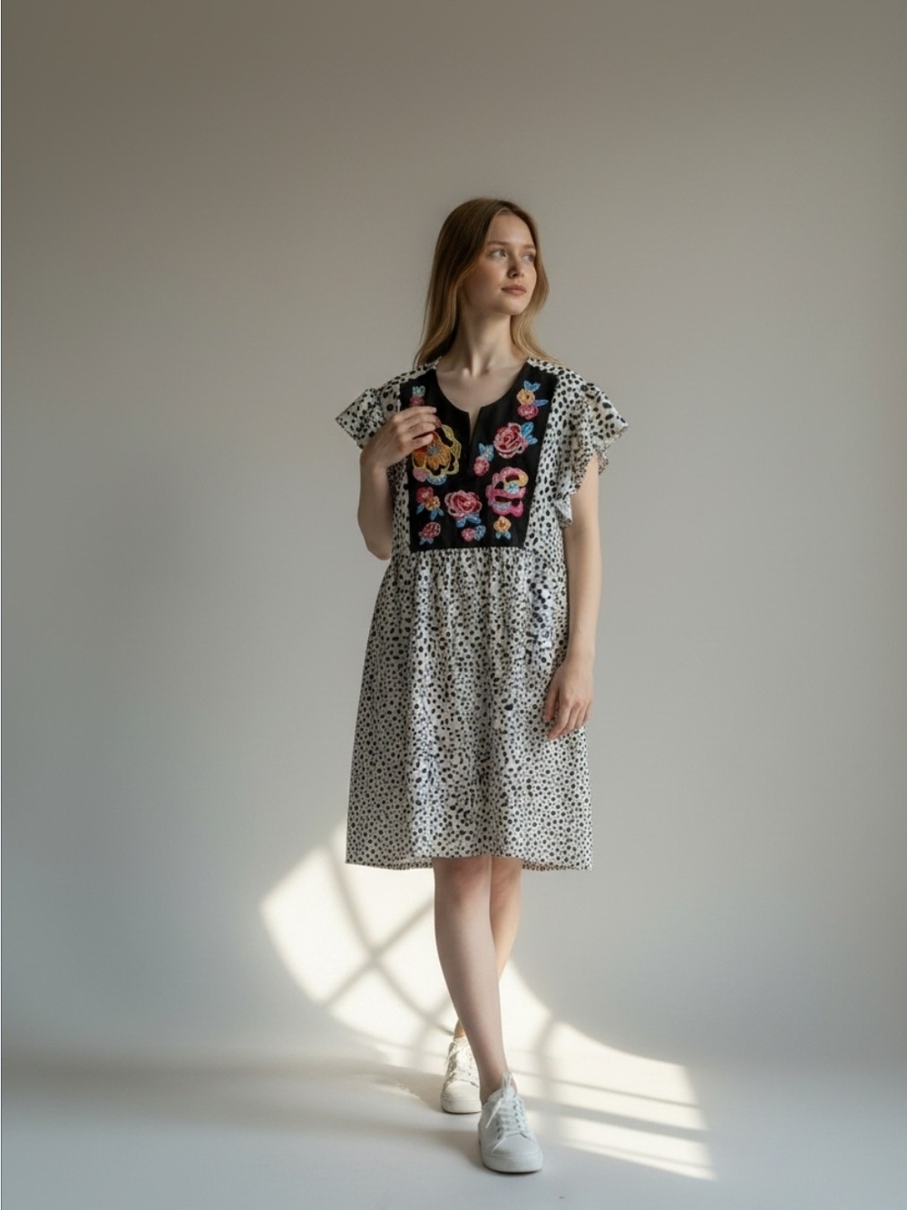Floral Embroidered Black Yoke Polka Dot Dress